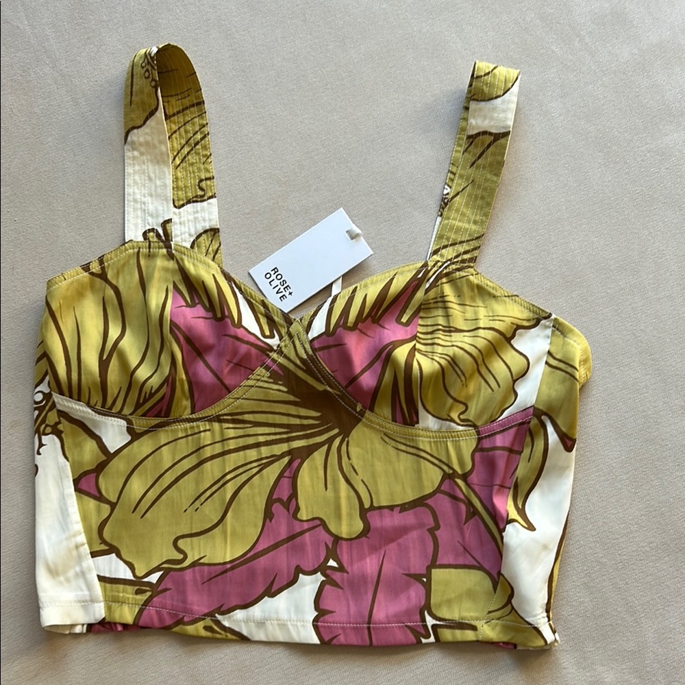 NWT‎ Rose + Olive Floral Ruching Crop Top in Pink and Green Women’s Size L